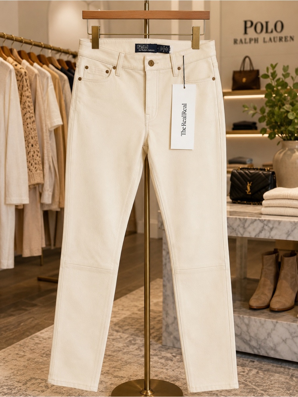 Polo Ralph Lauren 100% Lamb Leather Pants Size 8 Cream Skinny NWT The RealReal